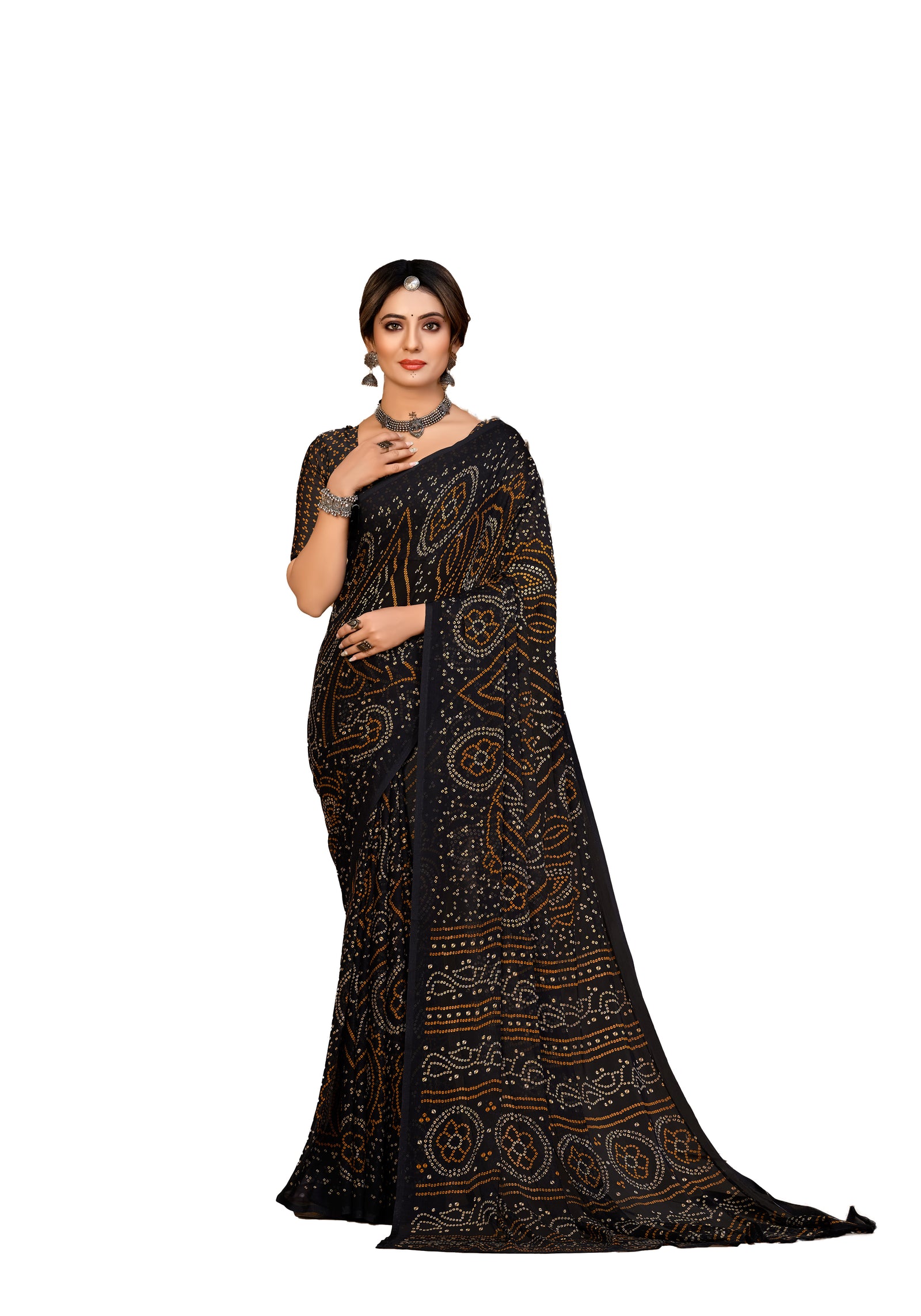 Georgette Bandhani Print Saree Festive Ethnic Wear with Blouse Piece (Black)