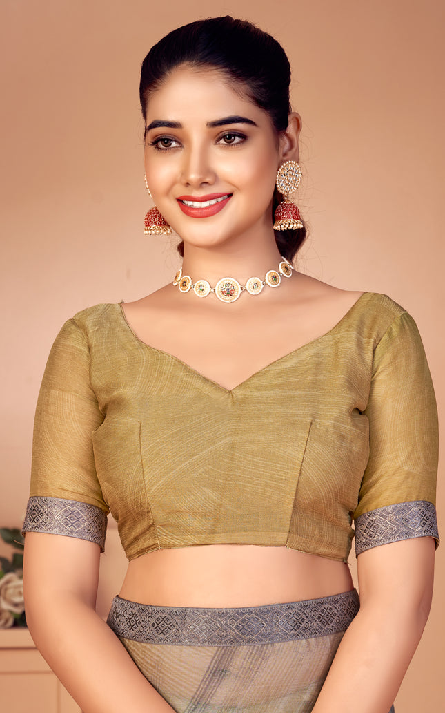 Fancy Multicolored printed, Chiffon saree with attached banarasi border (Gold)