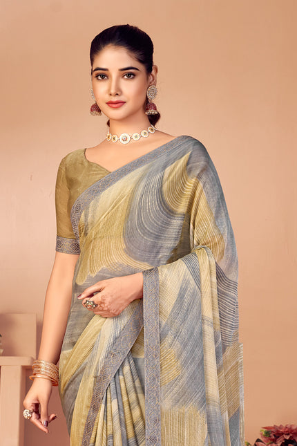 Fancy Multicolored printed, Chiffon saree with attached banarasi border (Gold)