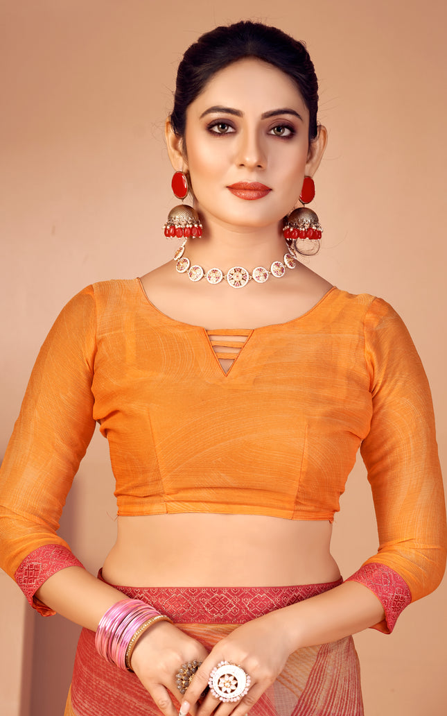 Fancy Multicolored printed, Chiffon saree with attached banarasi border (Orange)