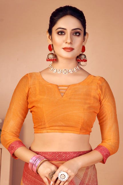 Fancy Multicolored printed, Chiffon saree with attached banarasi border (Orange)