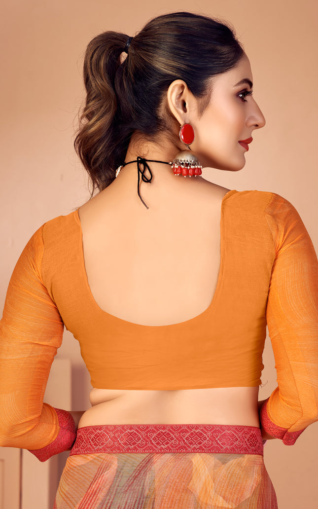 Fancy Multicolored printed, Chiffon saree with attached banarasi border (Orange)