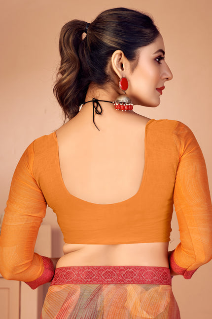Fancy Multicolored printed, Chiffon saree with attached banarasi border (Orange)