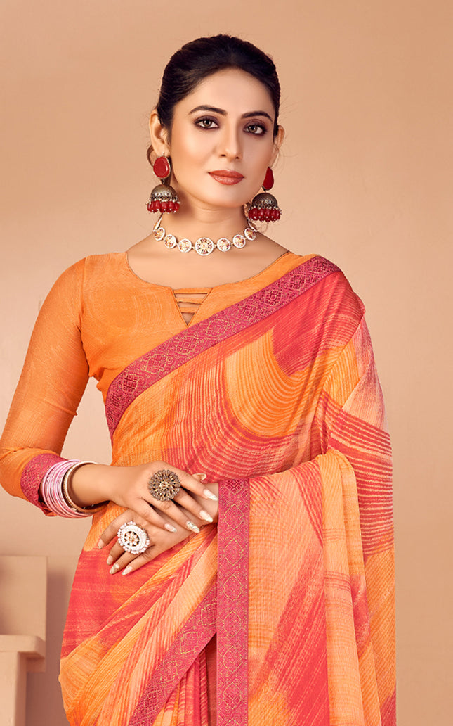 Fancy Multicolored printed, Chiffon saree with attached banarasi border (Orange)