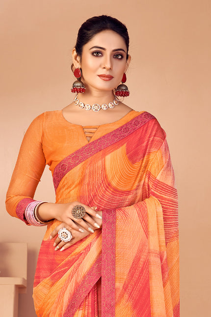 Fancy Multicolored printed, Chiffon saree with attached banarasi border (Orange)
