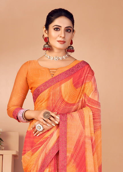 Fancy Multicolored printed, Chiffon saree with attached banarasi border (Orange)