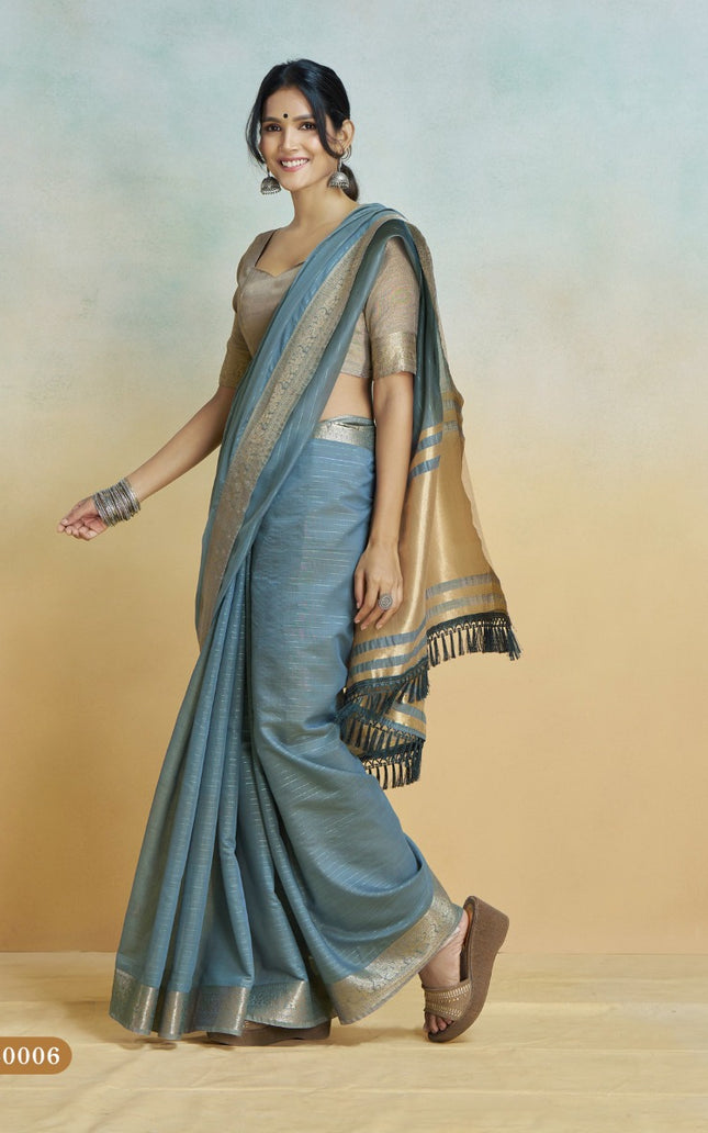 Banarasi Border, Pure Handloom Khadi silk, With Chit Pallu And Tassels (Grey)