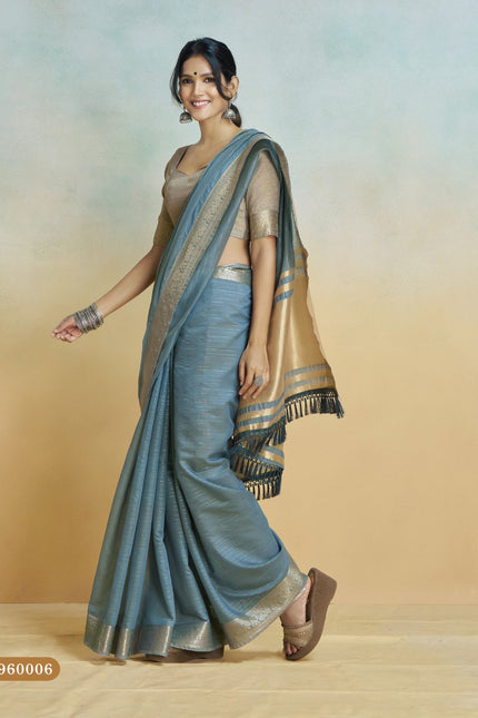 Banarasi Border, Pure Handloom Khadi silk, With Chit Pallu And Tassels (Grey)