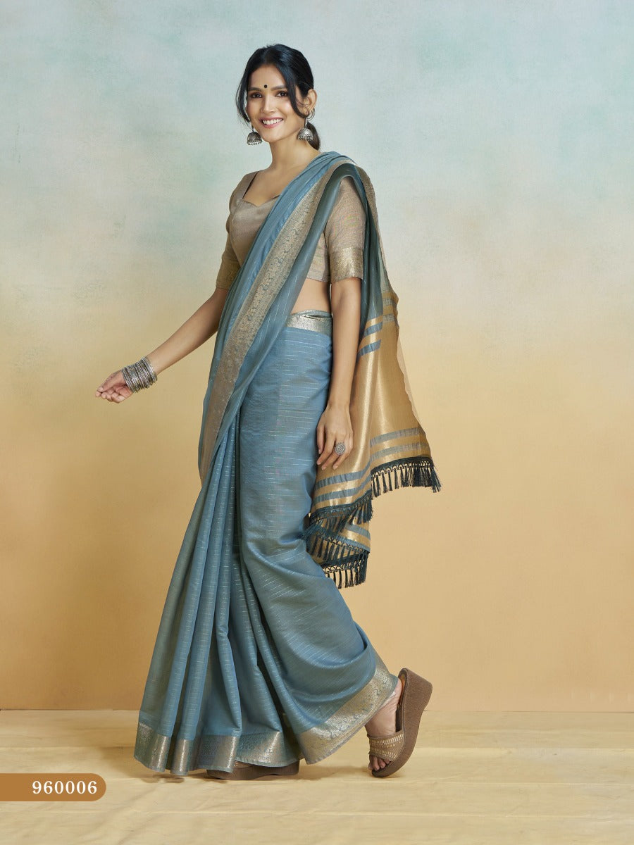 Banarasi Border, Pure Handloom Khadi Silk With Chit Pallu & Tassels (Grey)