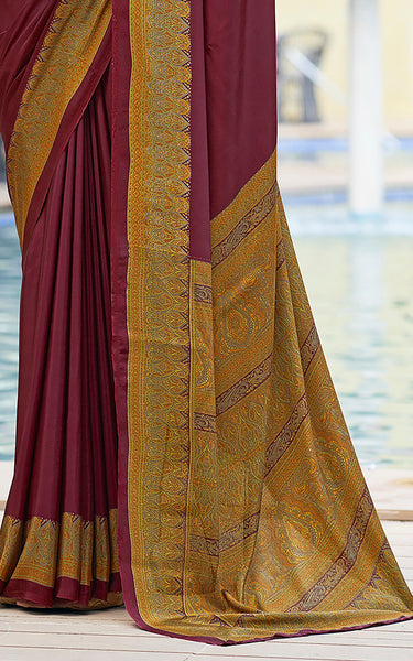 Plain Self Printed, Italian Silk Crape Saree With Contrast Pallu (Maroon)