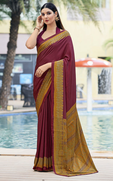 Plain Self Printed, Italian Silk Crape Saree With Contrast Pallu (Maroon)