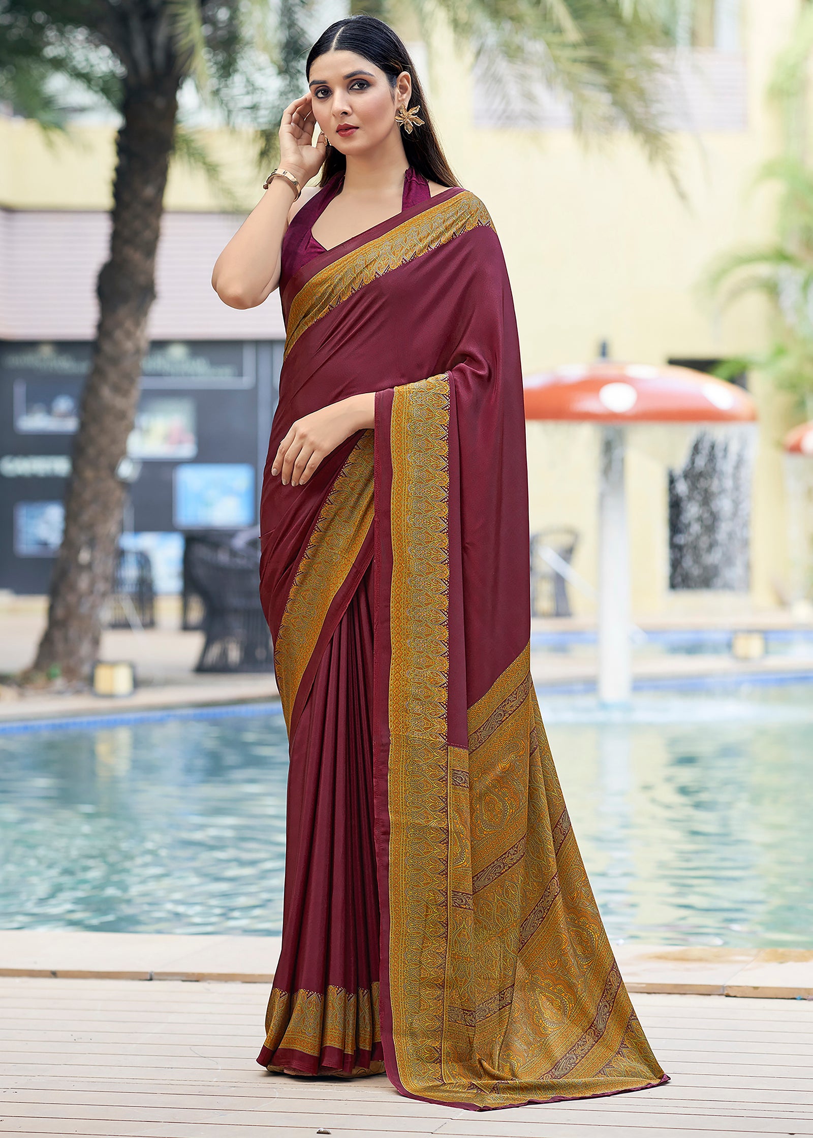 Plain Self Printed, Italian Silk Crape Saree With Contrast Pallu (Maroon)