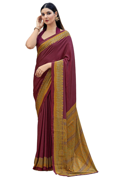 Plain Self Printed, Italian Silk Crape Saree With Contrast Pallu (Maroon)