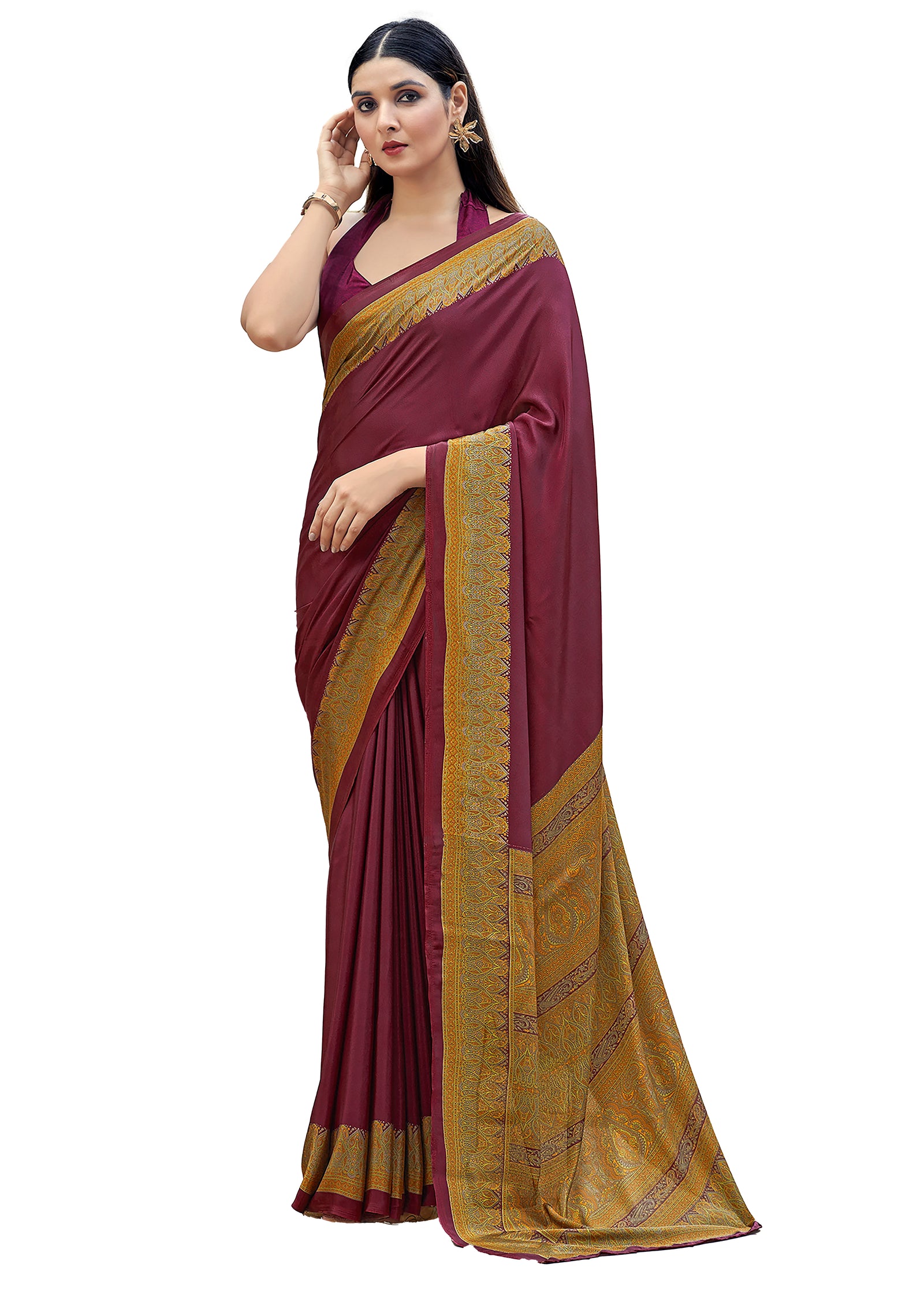 Plain Self Printed, Italian Silk Crape Saree With Contrast Pallu (Maroon)