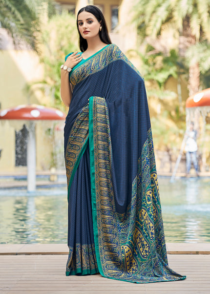 Plain Self Printed, Italian Silk Crape Saree With Contrast Pallu (Royal Blue )