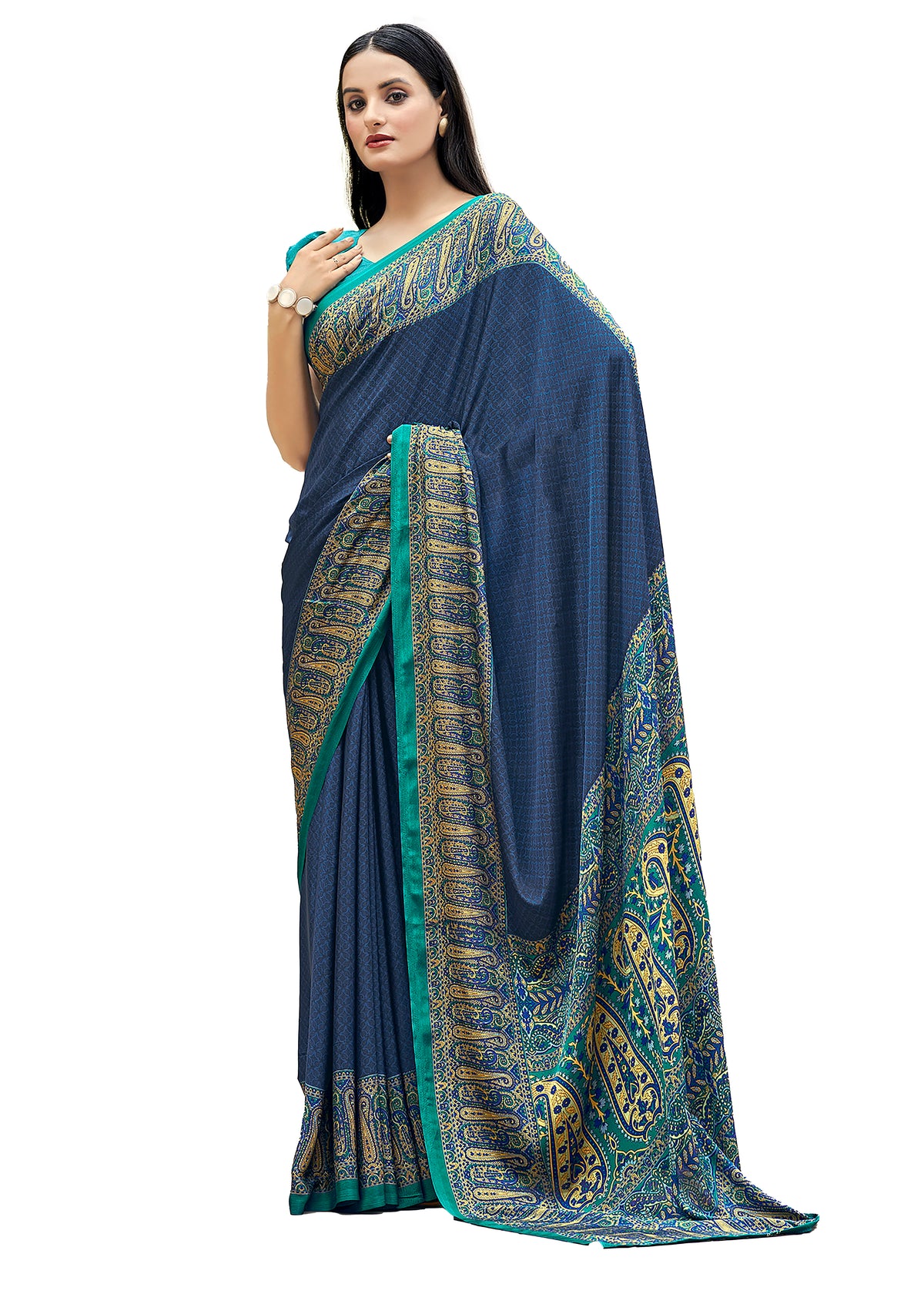 Plain Self Printed, Italian Silk Crape Saree With Contrast Pallu (Royal Blue )