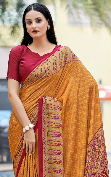 Plain Self Printed, Italian Silk Crape Saree With Contrast Pallu (Gold)