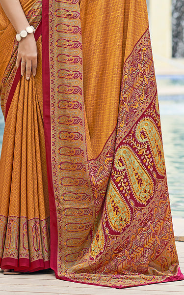 Plain Self Printed, Italian Silk Crape Saree With Contrast Pallu (Gold)