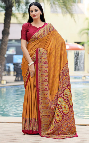 Plain Self Printed, Italian Silk Crape Saree With Contrast Pallu (Gold)
