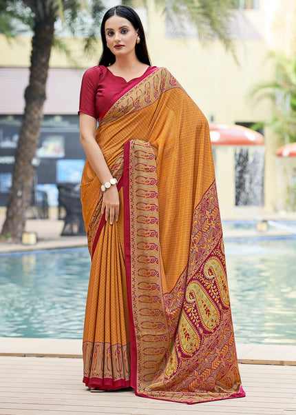 Plain Self Printed, Italian Silk Crape Saree With Contrast Pallu (Gold)