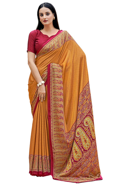 Plain Self Printed, Italian Silk Crape Saree With Contrast Pallu (Gold)