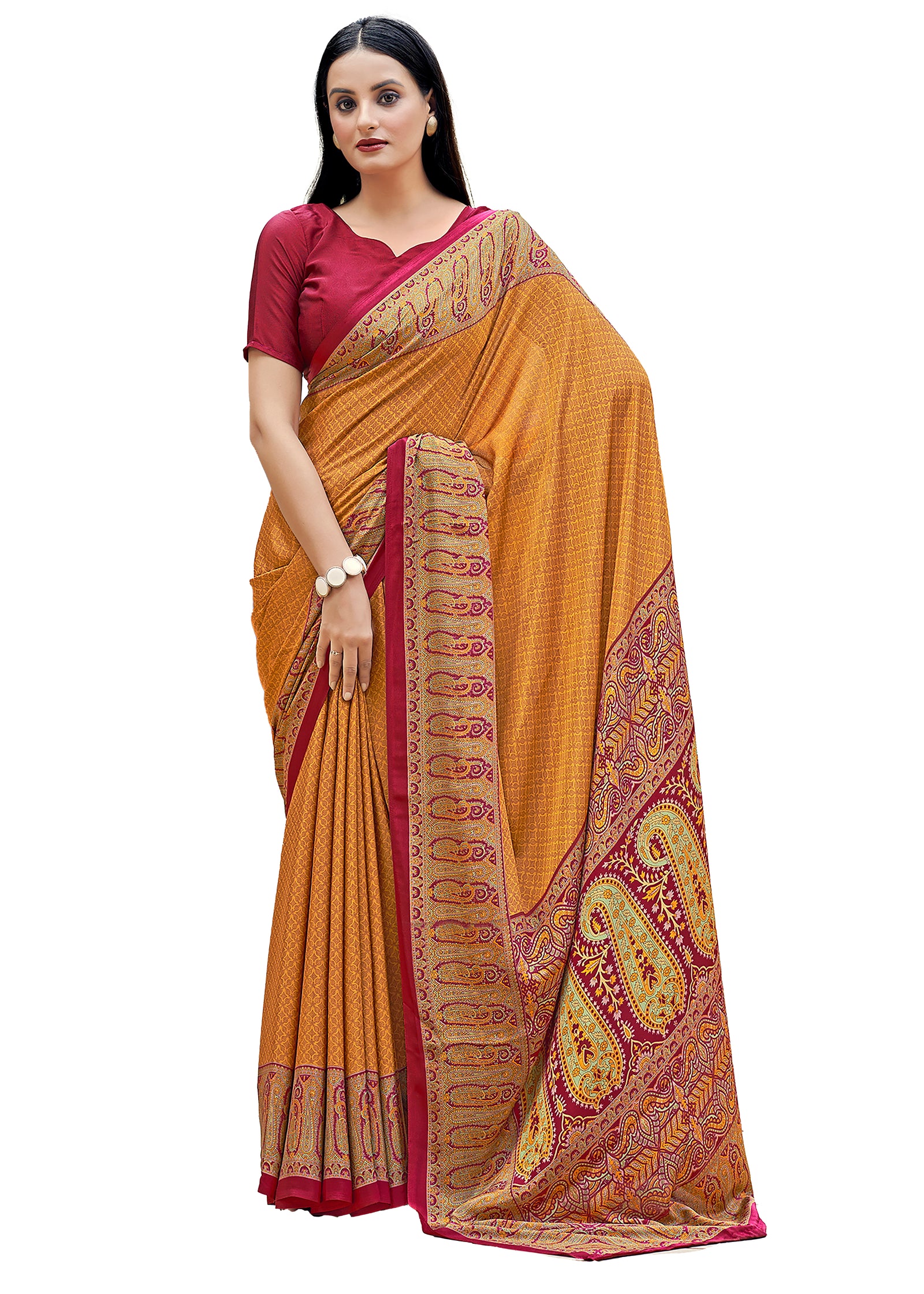 Plain Self Printed, Italian Silk Crape Saree With Contrast Pallu (Gold)