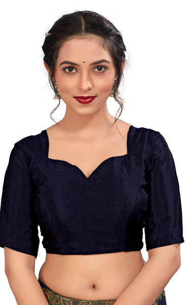Plain Self Printed, Italian Silk Crape Saree With Contrast Pallu (Navy Blue)