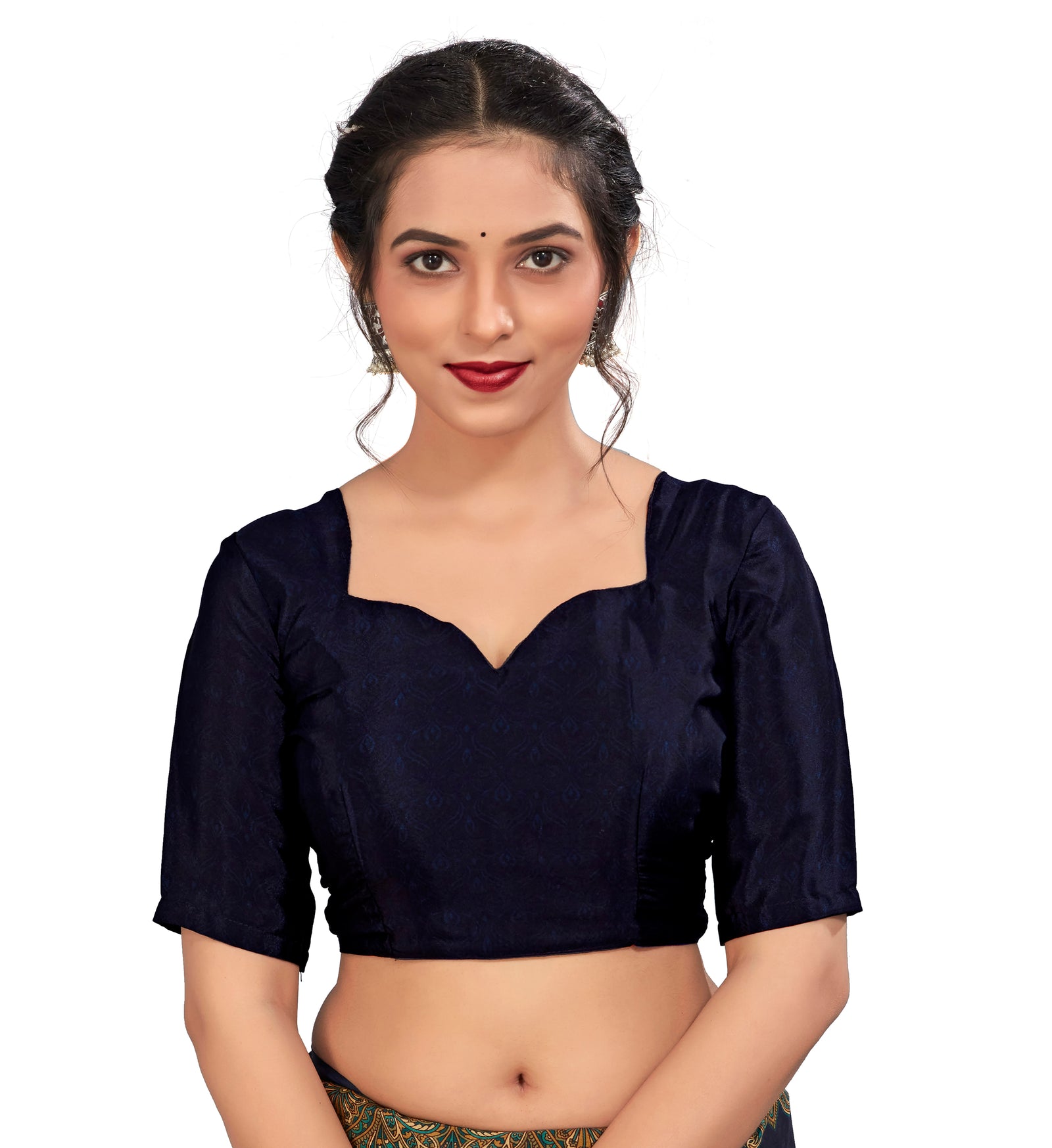 Plain Self Printed, Italian Silk Crape Saree With Contrast Pallu (Navy Blue)