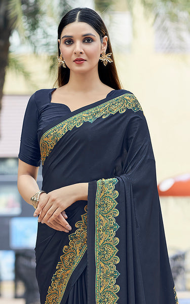 Plain Self Printed, Italian Silk Crape Saree With Contrast Pallu (Navy Blue)