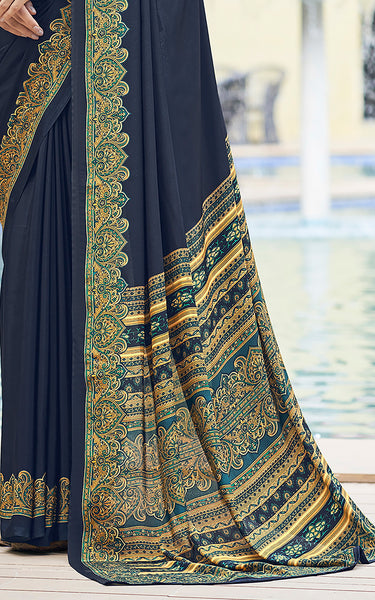 Plain Self Printed, Italian Silk Crape Saree With Contrast Pallu (Navy Blue)