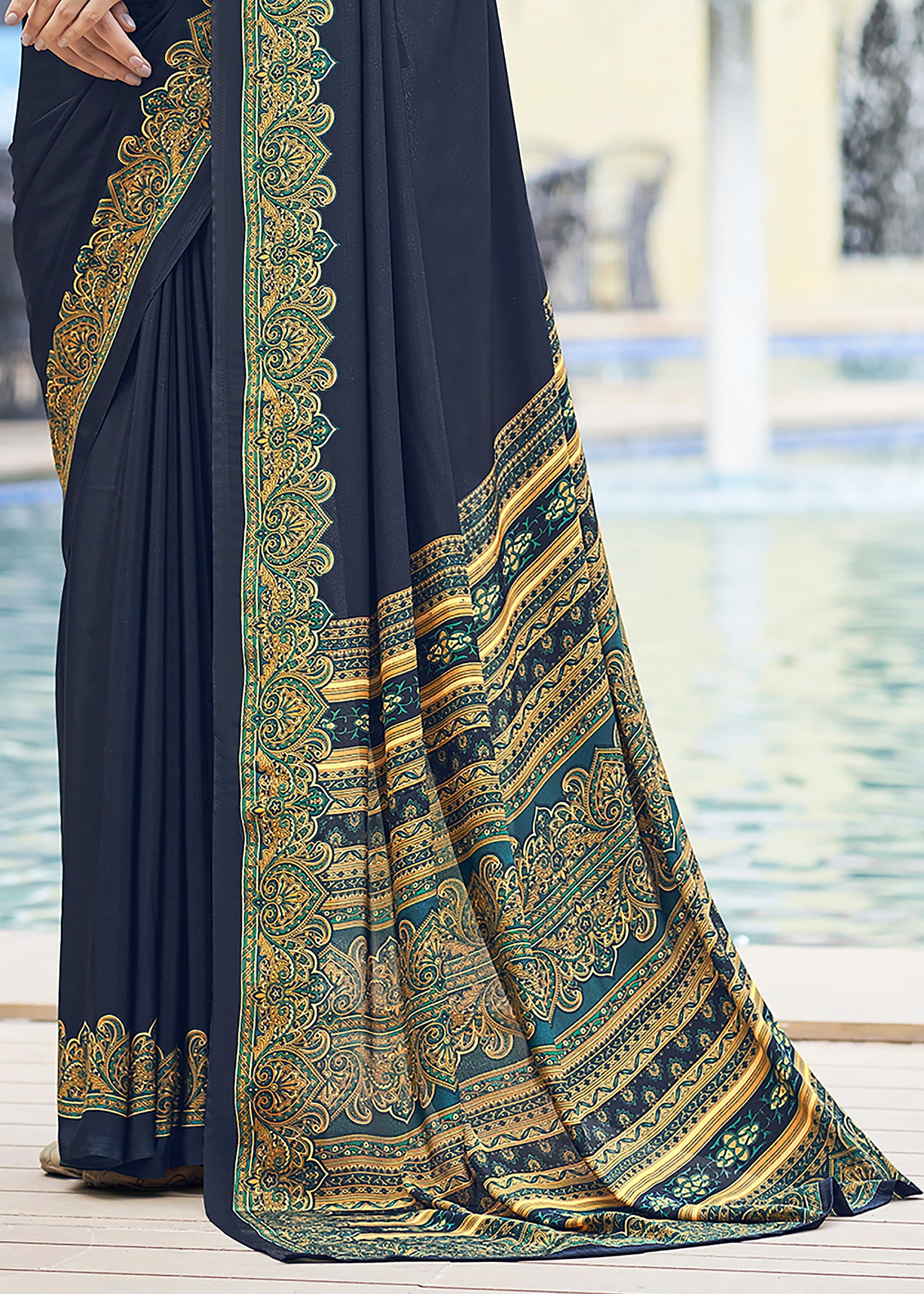 Plain Self Printed, Italian Silk Crape Saree With Contrast Pallu (Navy Blue)