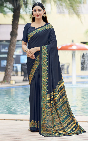 Plain Self Printed, Italian Silk Crape Saree With Contrast Pallu (Navy Blue)