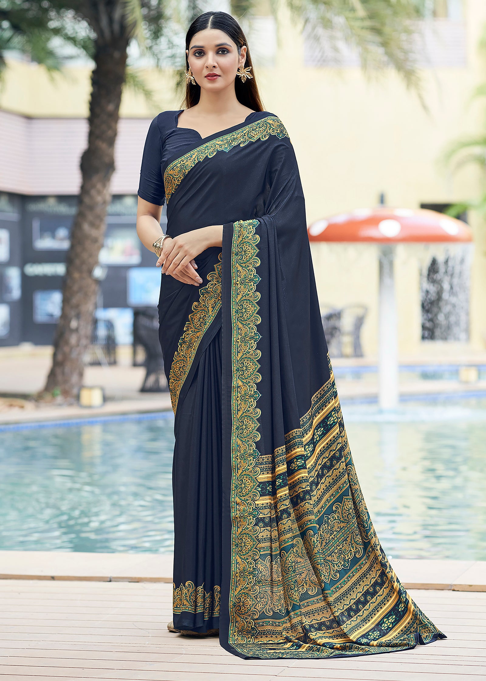 Plain Self Printed, Italian Silk Crape Saree With Contrast Pallu (Navy Blue)