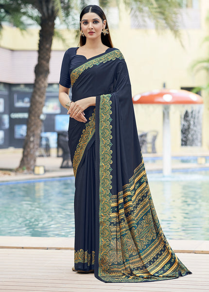 Plain Self Printed, Italian Silk Crape Saree With Contrast Pallu (Navy Blue)
