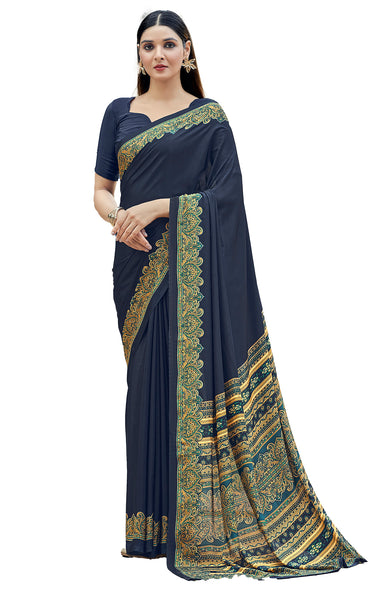 Plain Self Printed, Italian Silk Crape Saree With Contrast Pallu (Navy Blue)