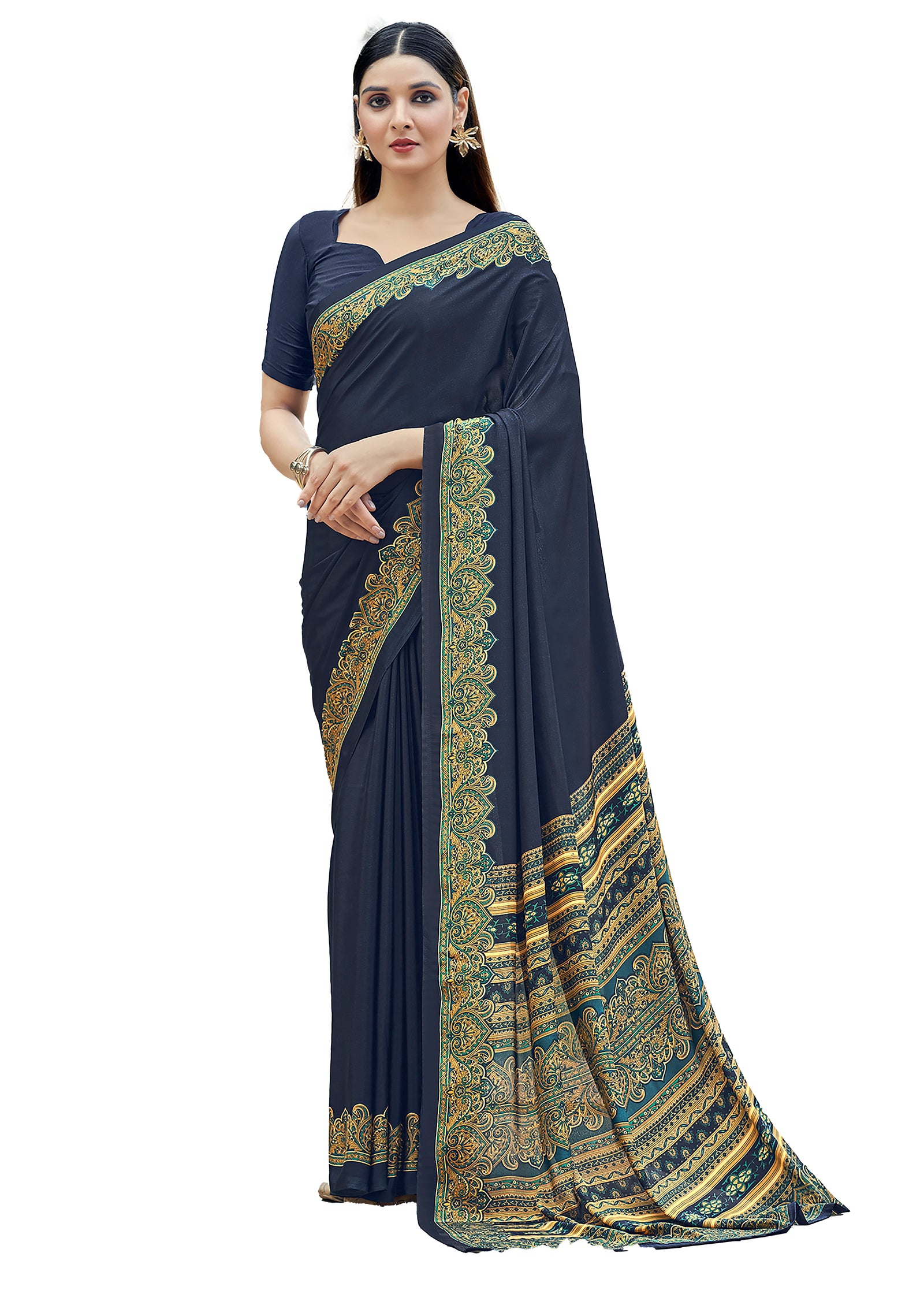 Plain Self Printed, Italian Silk Crape Saree With Contrast Pallu (Navy Blue)