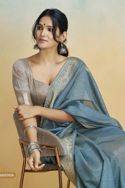 Banarasi Border, Pure Handloom Khadi silk, With Chit Pallu And Tassels (Grey)