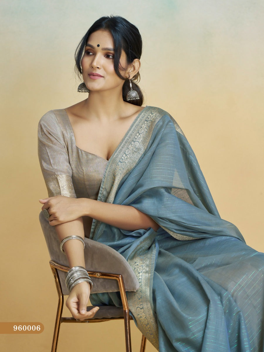 Banarasi Border, Pure Handloom Khadi Silk With Chit Pallu & Tassels (Grey)