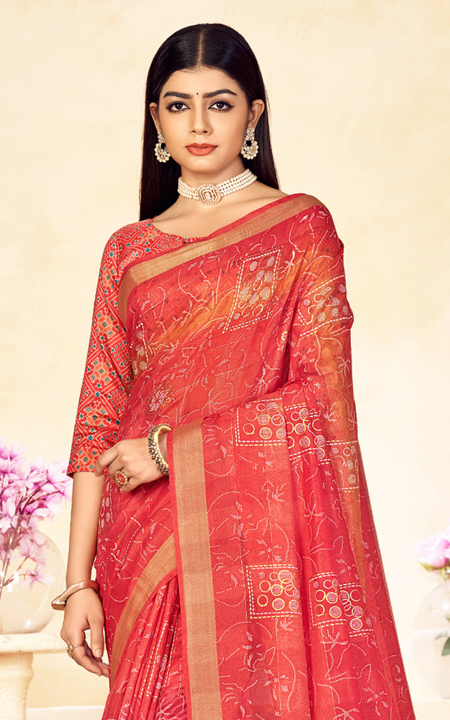 Trendy Shaded Saree With All Over Zari Lining,Soft Cotton Feel (Orange)