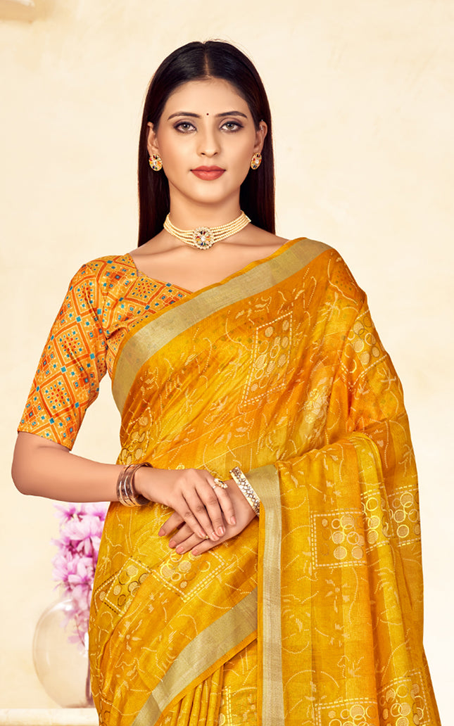 Trendy Shaded Saree With All Over Zari Lining,Soft Cotton Feel (Yellow)