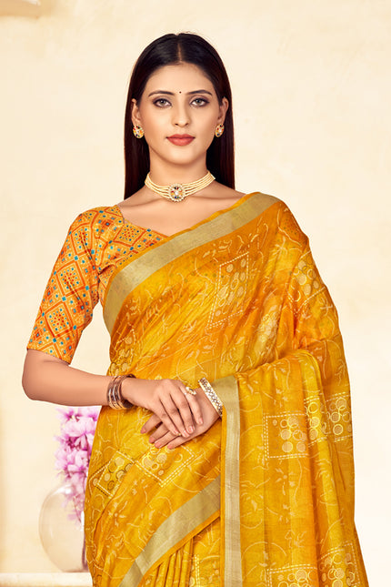 Trendy Shaded Saree With All Over Zari Lining,Soft Cotton Feel (Yellow)