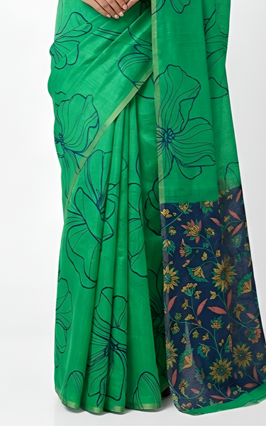 Kalamkari Printed Chanderi Linen Saree with Weaving Border (Parrot Green)