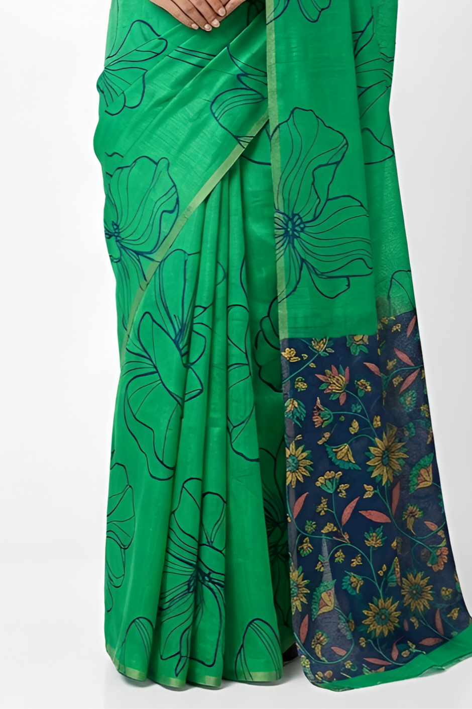 Kalamkari Printed Chanderi Linen Saree with Weaving Border (Parrot Green)