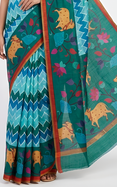 Kazari Print Linen Zari Border Saree (Green Multicolor)