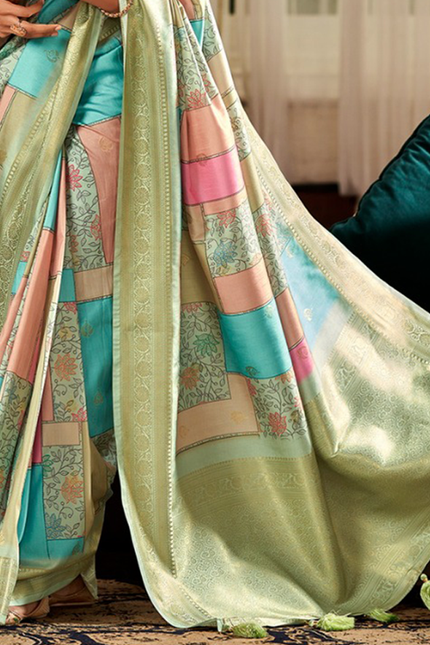 Digital Print, Soft silk Weaving Pallu Saree (Green)