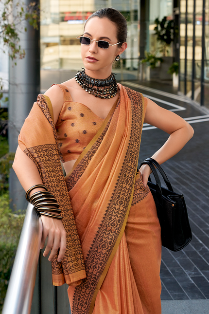 Linen Tissue,Gala Border Saree (Orange)