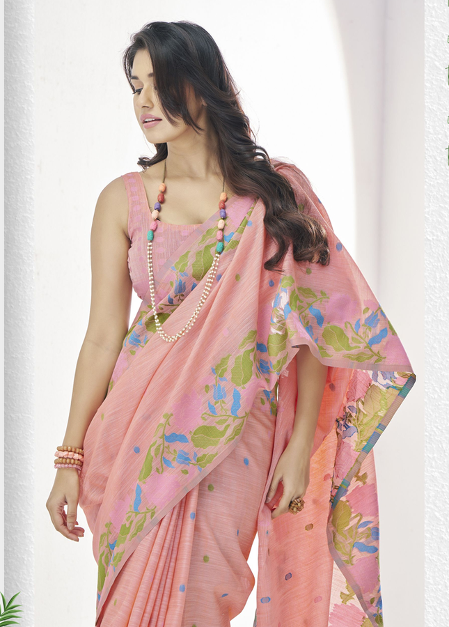 Pure Linen Saree, With All Over Weaving Contrast Border And C Pallu (Peach)