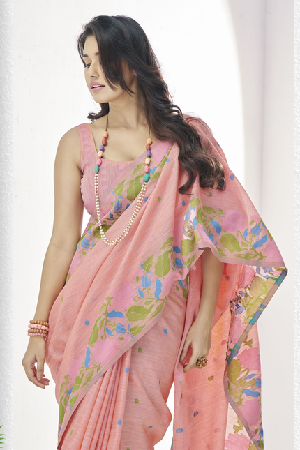 Pure Linen Saree, With All Over Weaving Contrast Border And C Pallu (Peach)