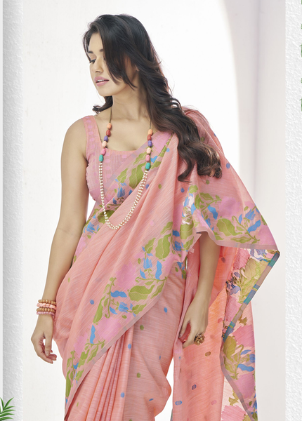 Pure Linen Saree, With All Over Weaving Contrast Border And C Pallu (Peach)