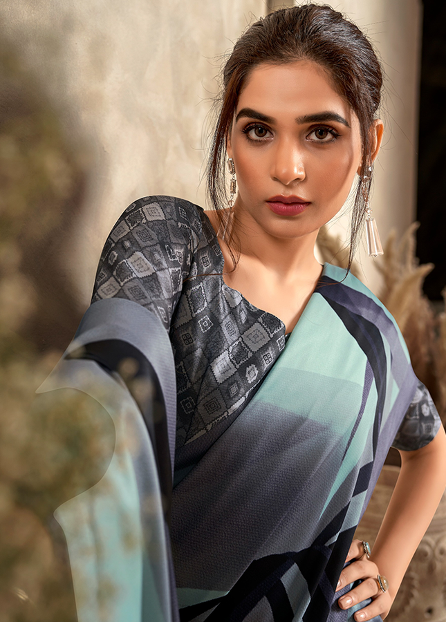 Fancy Print,Crape Silk Saree (Baby Blue)